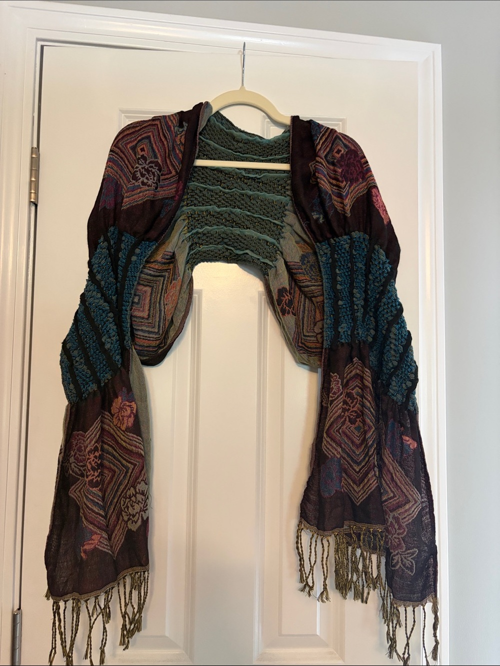 pashmina Teal and Multicolor Boho Open-Front Sweater Shrug with Fringe